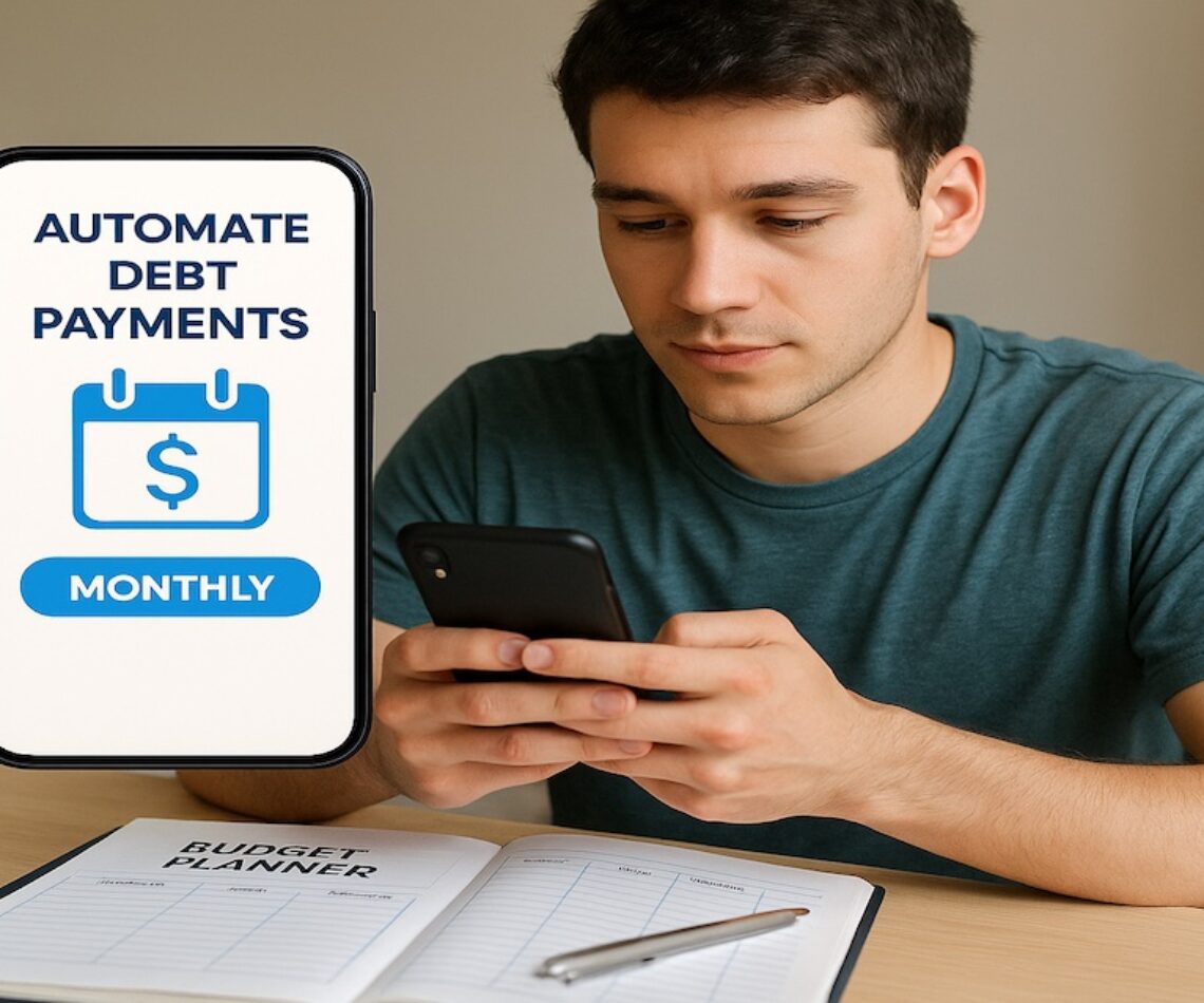 oung adult using a phone to automate debt paydown with a budget planner open