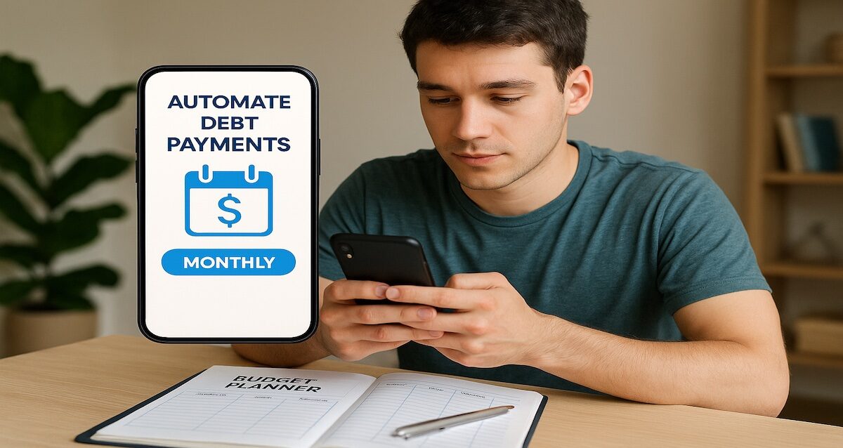 oung adult using a phone to automate debt paydown with a budget planner open