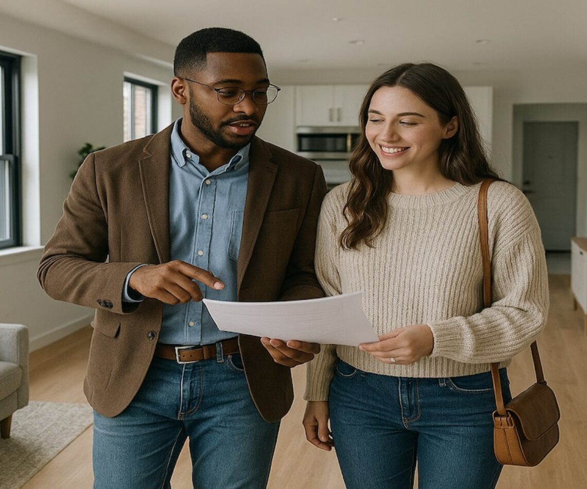 Young Millennial couple walks through a modern duplex in Buffalo, reviewing real estate investing 2025 options in an up-and-coming neighborhood.