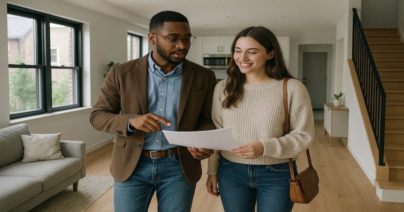 Young Millennial couple walks through a modern duplex in Buffalo, reviewing real estate investing 2025 options in an up-and-coming neighborhood.