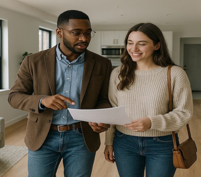 Young Millennial couple walks through a modern duplex in Buffalo, reviewing real estate investing 2025 options in an up-and-coming neighborhood.