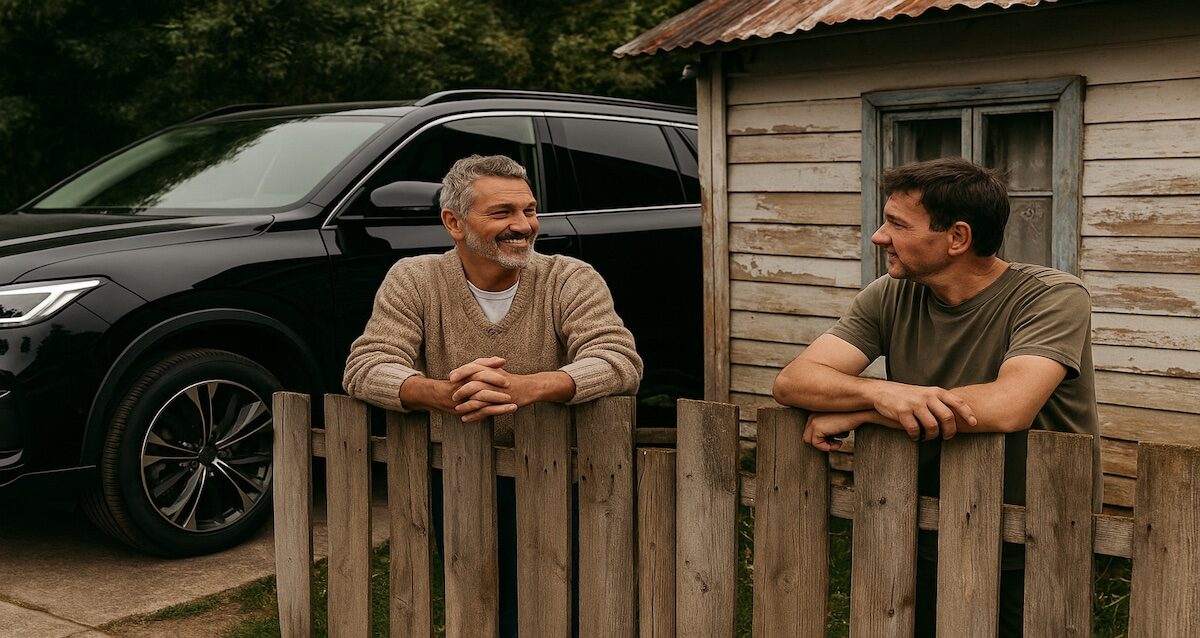 wo neighbors chatting over a fence—one with a shiny new SUV, the other with a modest home—showing how comparing money stories differ behind the surface.