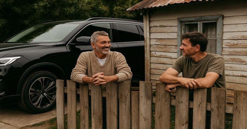 wo neighbors chatting over a fence—one with a shiny new SUV, the other with a modest home—showing how comparing money stories differ behind the surface.