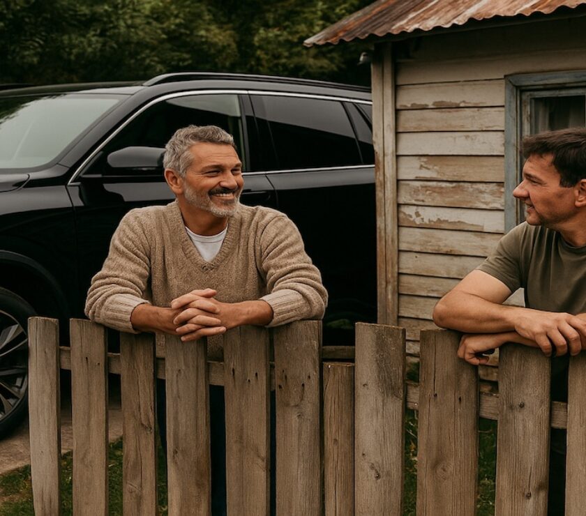 wo neighbors chatting over a fence—one with a shiny new SUV, the other with a modest home—showing how comparing money stories differ behind the surface.