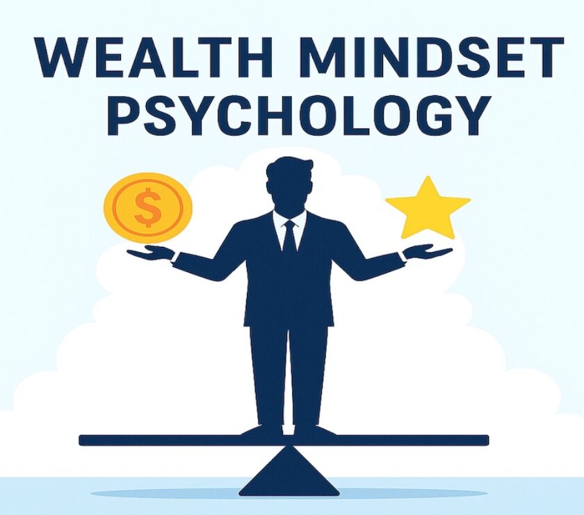 Wealth mindset psychology – person balancing money and success
