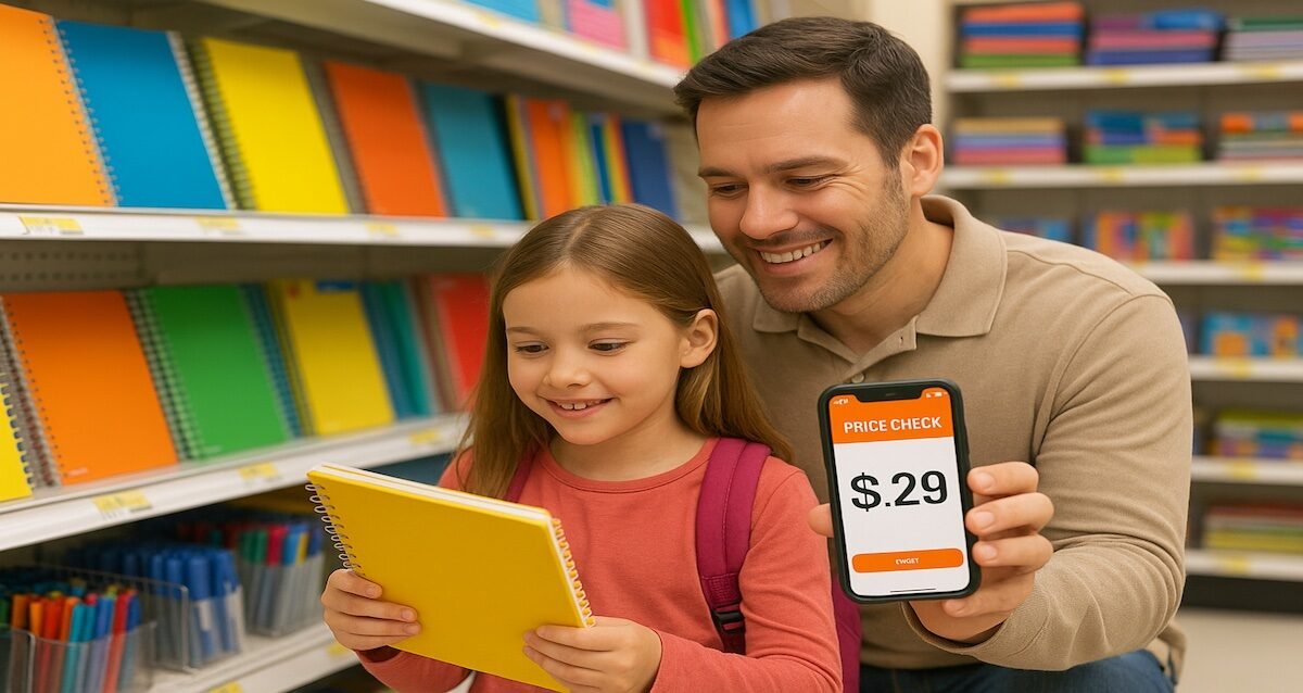 Parent and student using a budgeting app while shopping for back-to-school budget hacks in 2025
