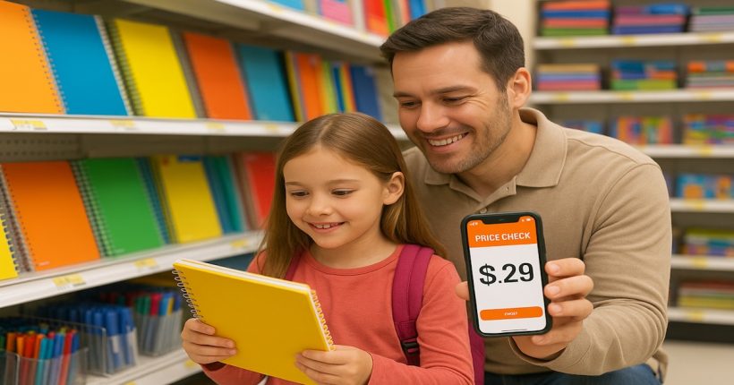 Parent and student using a budgeting app while shopping for back-to-school budget hacks in 2025