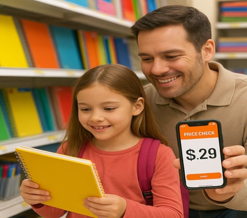 Parent and student using a budgeting app while shopping for back-to-school budget hacks in 2025