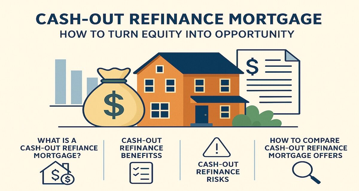 cash-out refinance mortgage showing a house, money bag, and sections on benefits, risks, and how to compare offers
