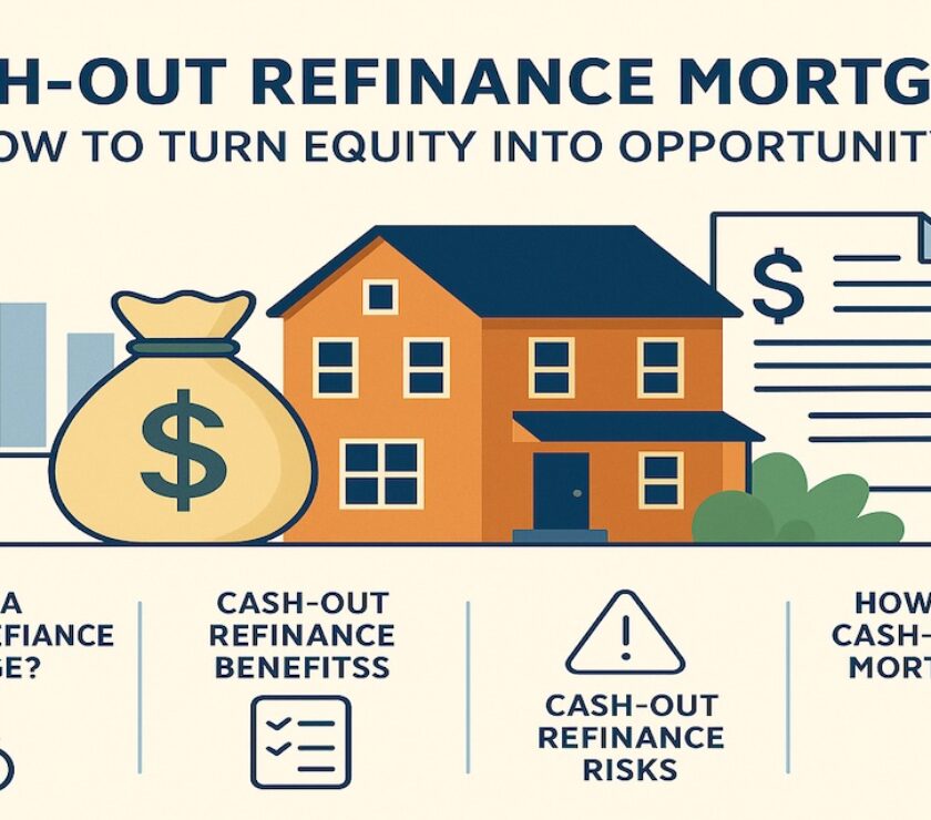 cash-out refinance mortgage showing a house, money bag, and sections on benefits, risks, and how to compare offers