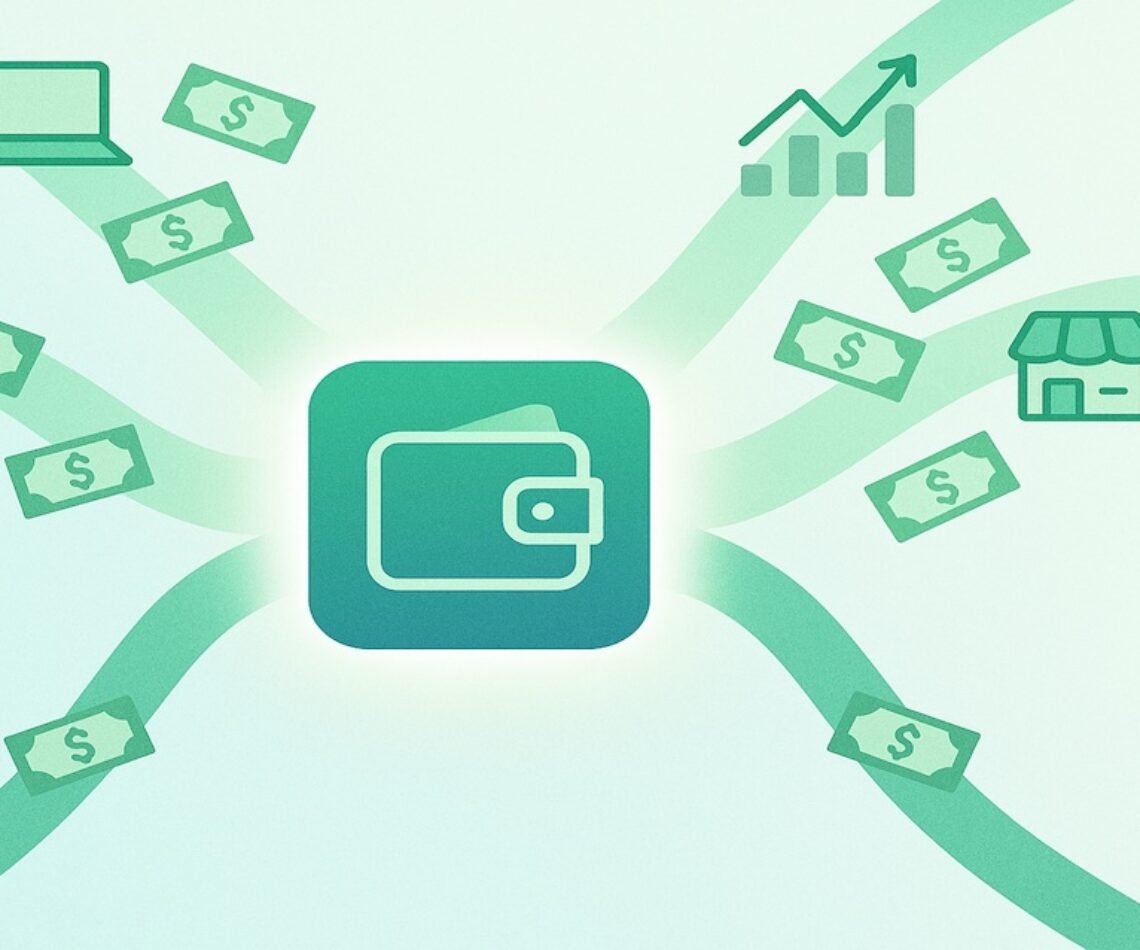Money multipliers illustration showing multiple income streams flowing into one digital wallet without burnout