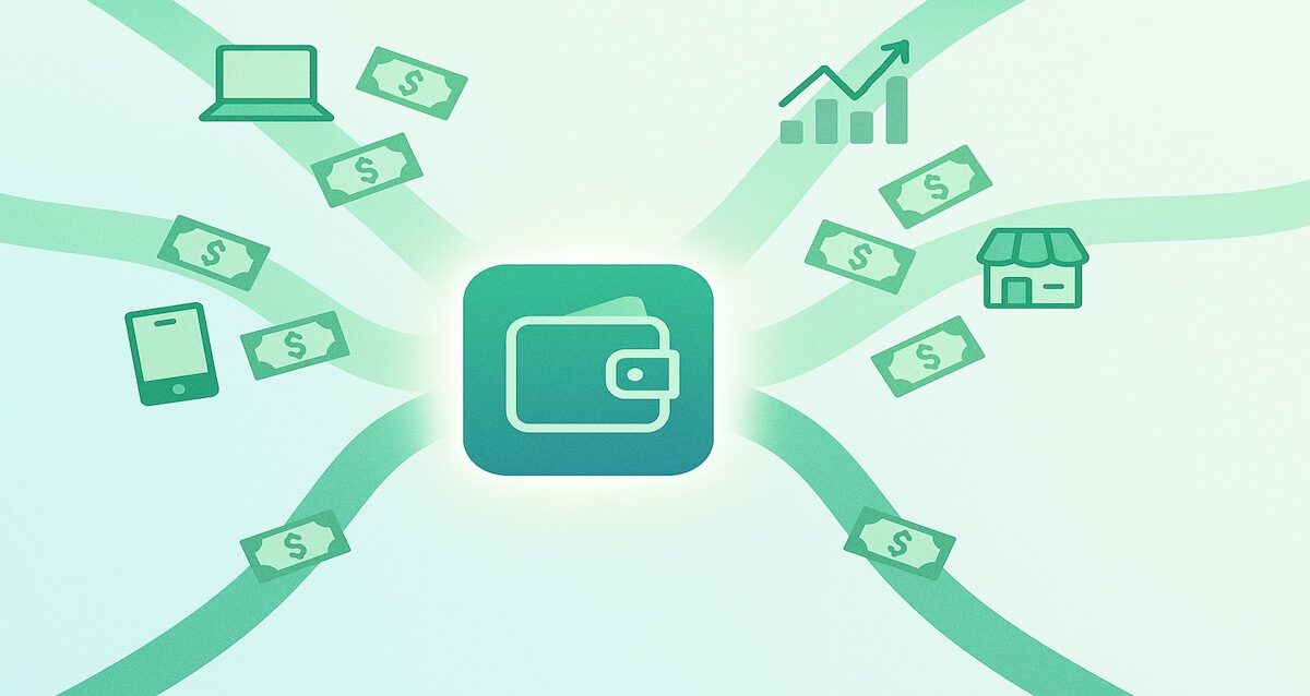 Money multipliers illustration showing multiple income streams flowing into one digital wallet without burnout