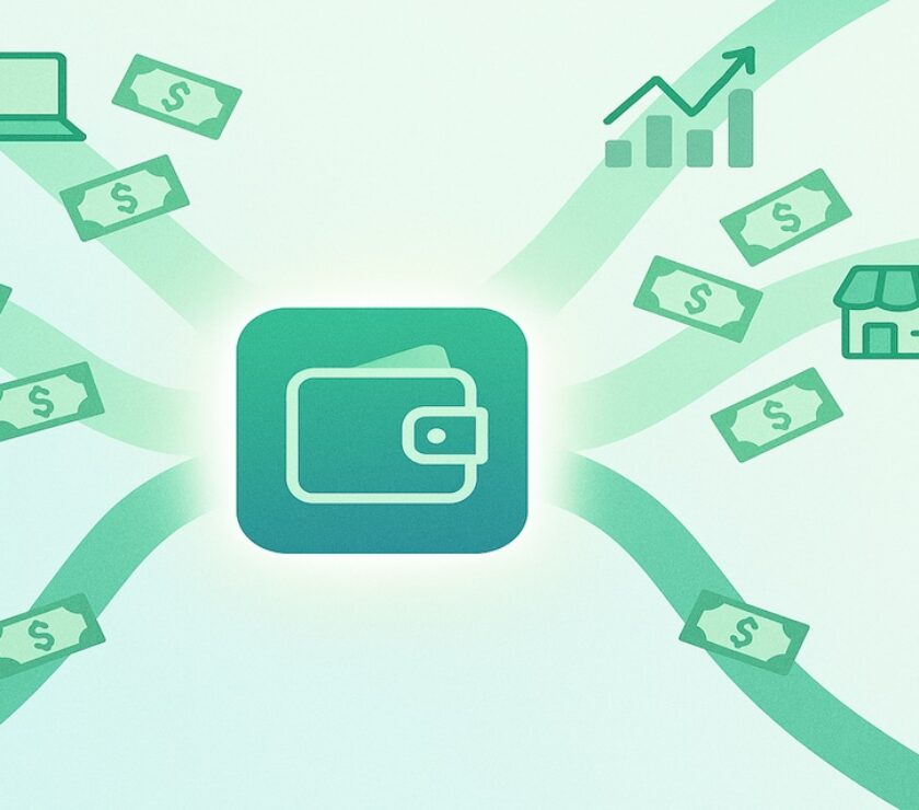 Money multipliers illustration showing multiple income streams flowing into one digital wallet without burnout
