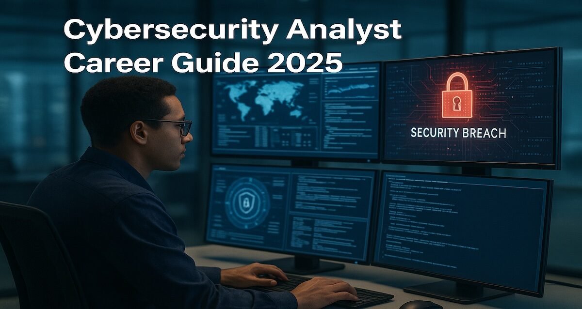 Cybersecurity analyst in 2025 monitoring digital security threats on multiple screens in a modern tech workspace