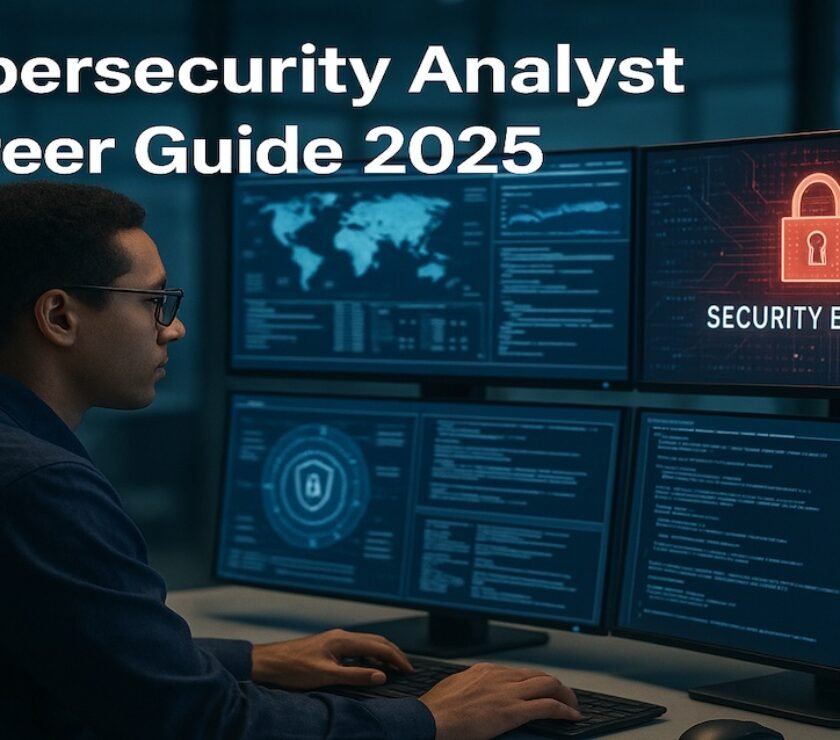 Cybersecurity analyst in 2025 monitoring digital security threats on multiple screens in a modern tech workspace