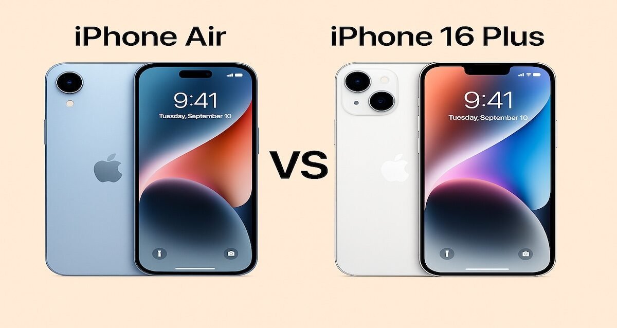 iPhone Air vs iPhone 16 Plus side-by-side comparison showing thin design vs bigger battery