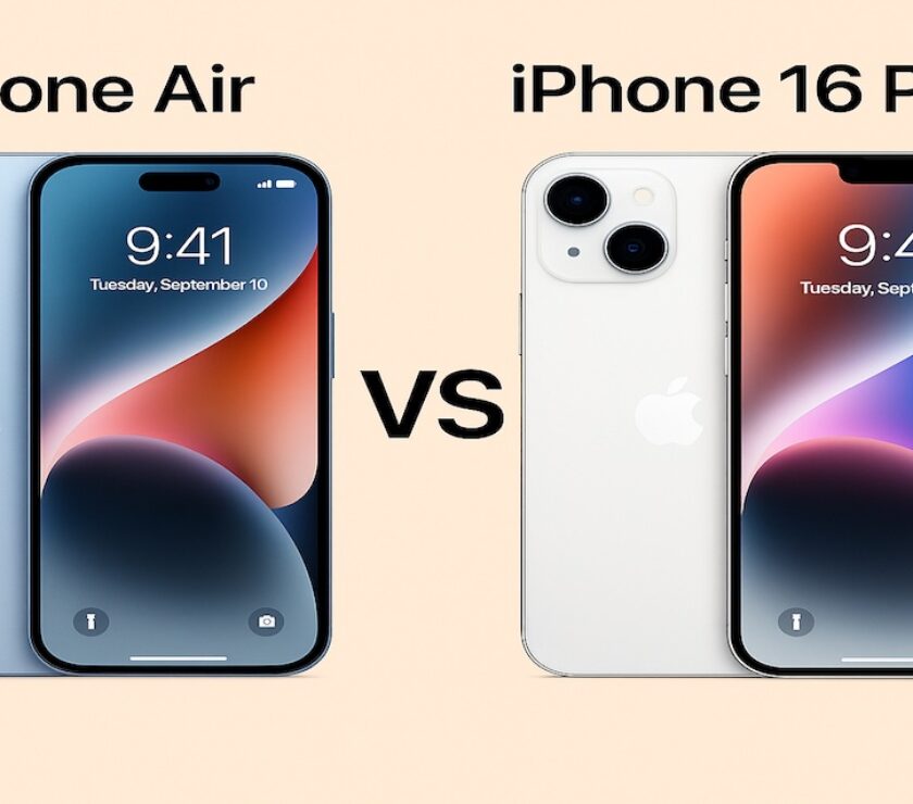 iPhone Air vs iPhone 16 Plus side-by-side comparison showing thin design vs bigger battery