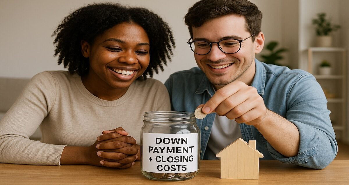 First-time homebuyers saving money in a jar after using a mortgage-ready checklist for down payment costs