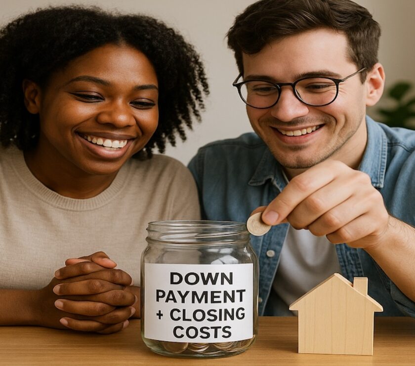 First-time homebuyers saving money in a jar after using a mortgage-ready checklist for down payment costs