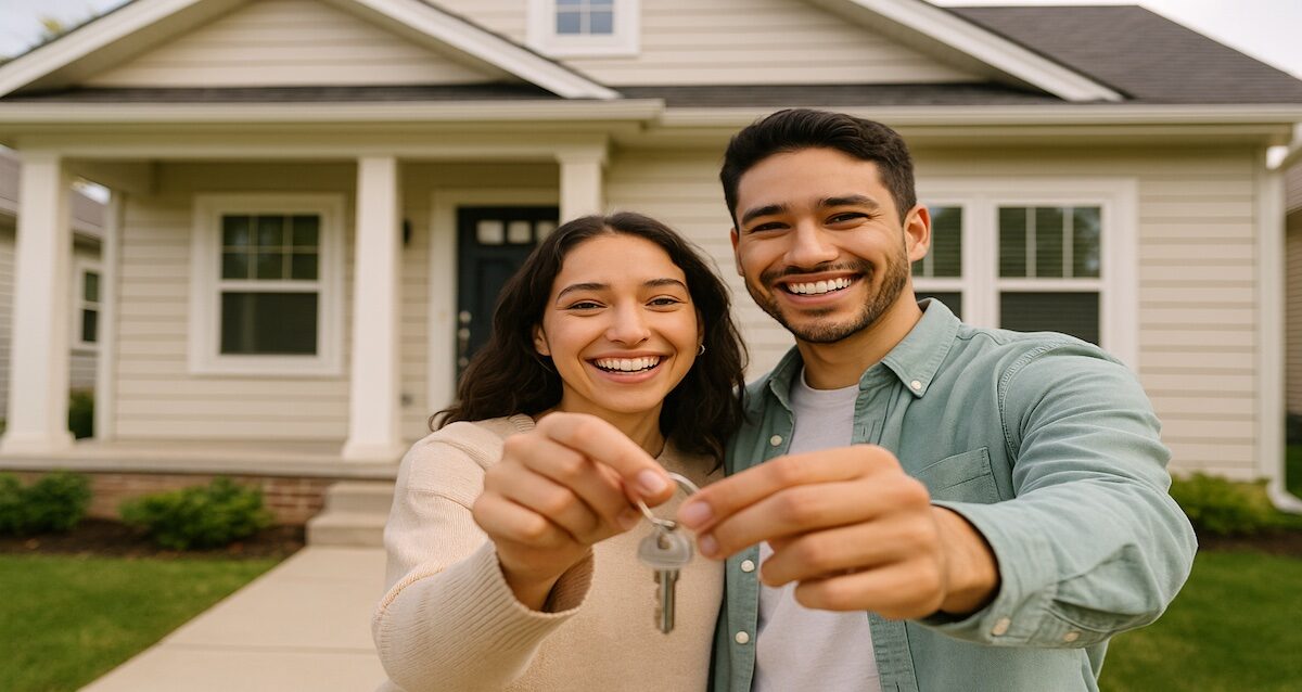 Young couple holding house keys in front of new home (Alt: “First-time homebuyer guide 2025 new homeowners with house keys