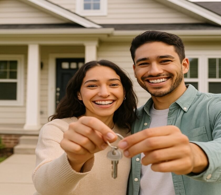 Young couple holding house keys in front of new home (Alt: “First-time homebuyer guide 2025 new homeowners with house keys