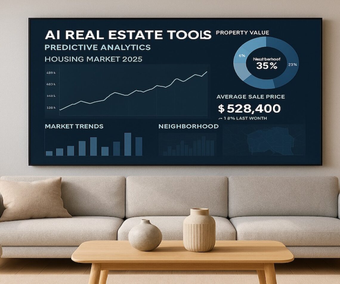 A modern living room with a wall-mounted smart home dashboard showing housing data and neighborhood analytics