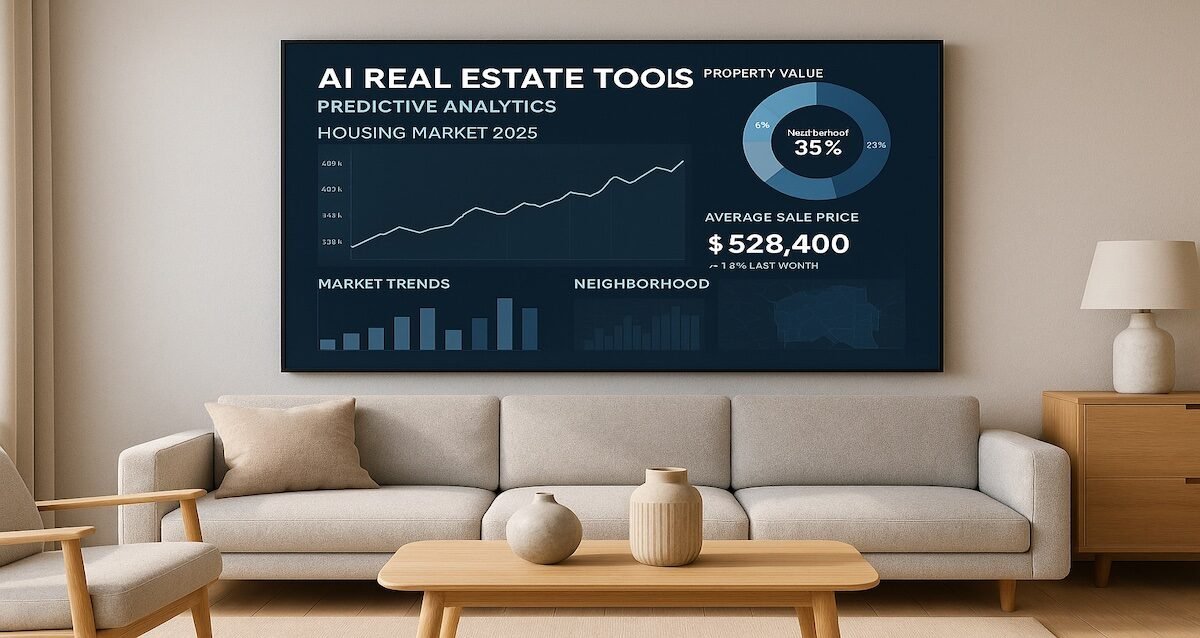 A modern living room with a wall-mounted smart home dashboard showing housing data and neighborhood analytics