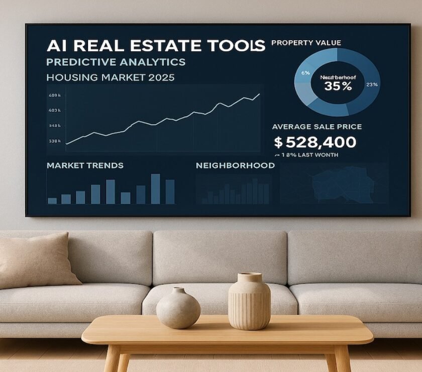 A modern living room with a wall-mounted smart home dashboard showing housing data and neighborhood analytics