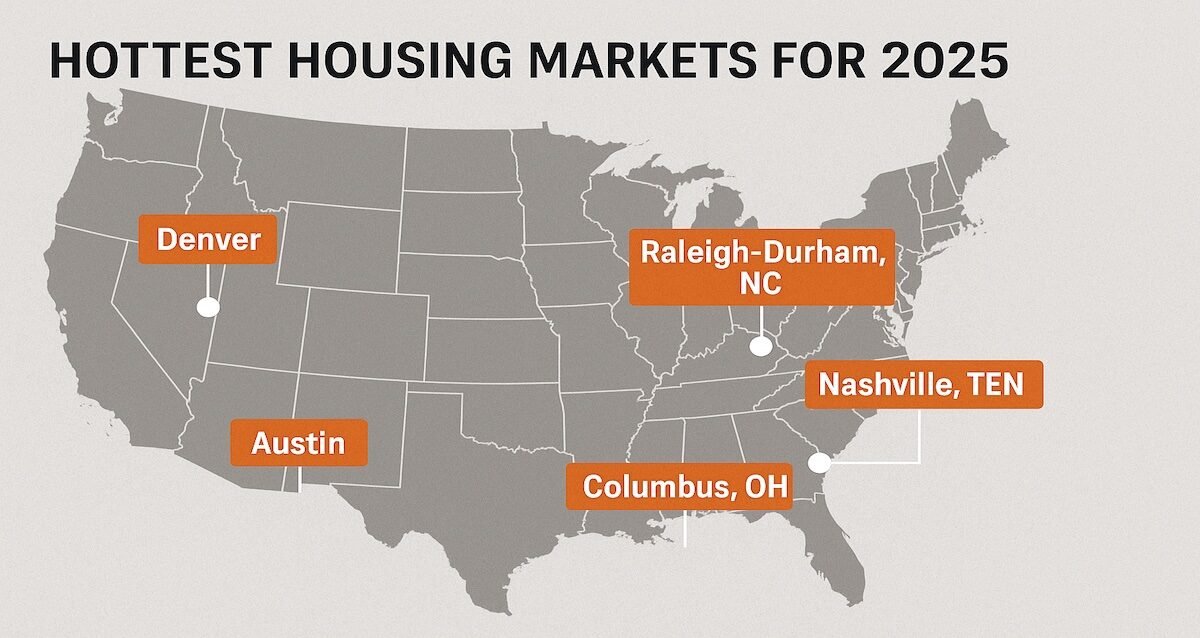 Aerial map with highlighted U.S. cities showing the hottest housing markets in 2025