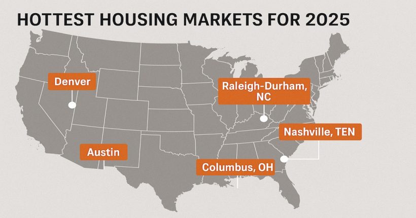 Aerial map with highlighted U.S. cities showing the hottest housing markets in 2025