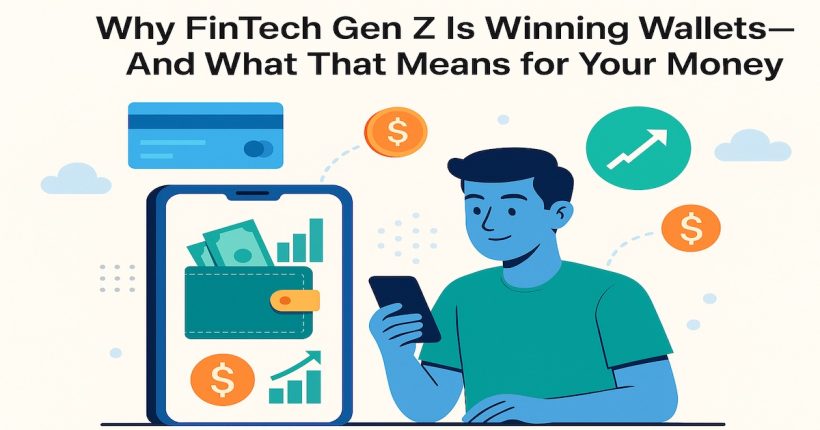 Young Gen Z using a mobile FinTech banking app to manage digital wallet, savings, and investments