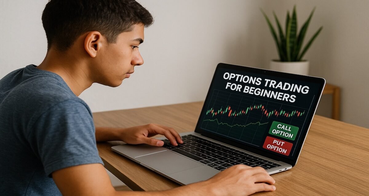 oung investor learning options trading for beginners on laptop with stock charts on screen