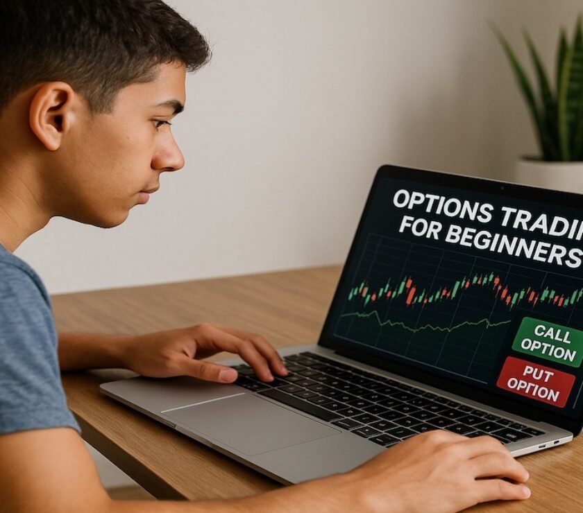oung investor learning options trading for beginners on laptop with stock charts on screen