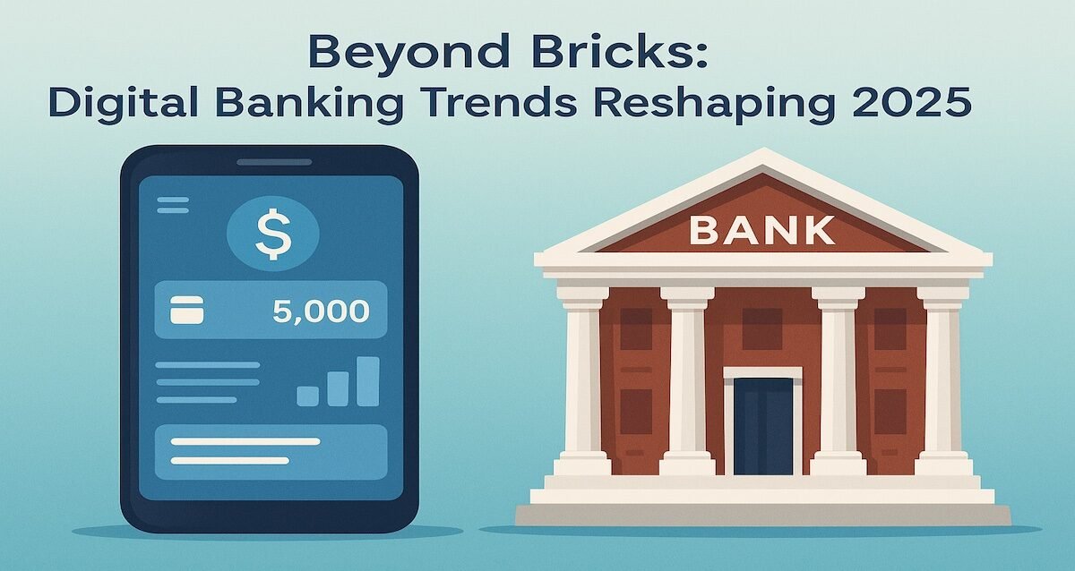 Illustration comparing digital banking apps with traditional brick-and-mortar banks, showing a smartphone banking interface beside a classic bank building—representing digital banking trends reshaping finance in 2025