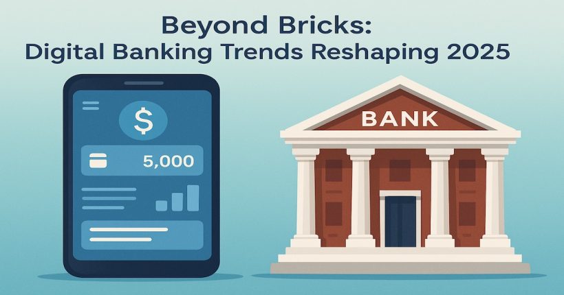 Illustration comparing digital banking apps with traditional brick-and-mortar banks, showing a smartphone banking interface beside a classic bank building—representing digital banking trends reshaping finance in 2025