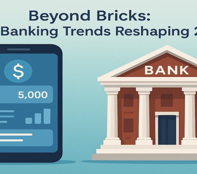 Illustration comparing digital banking apps with traditional brick-and-mortar banks, showing a smartphone banking interface beside a classic bank building—representing digital banking trends reshaping finance in 2025