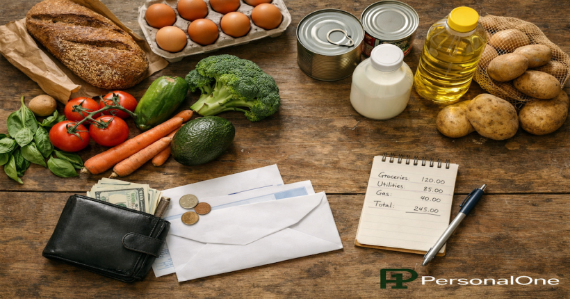Overhead view of grocery items and a household budget on a kitchen table representing rising everyday costs and inflation pressure