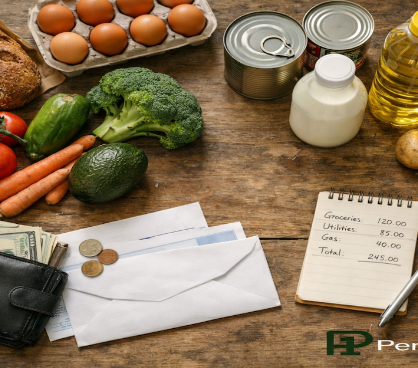 Overhead view of grocery items and a household budget on a kitchen table representing rising everyday costs and inflation pressure