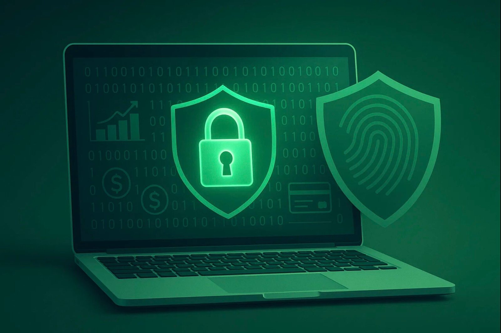A laptop displaying a glowing lock icon on a screen filled with binary code or finance dashboard elements (charts, dollar symbols, digital cards). A green shield overlay or subtle fingerprint pattern conveys