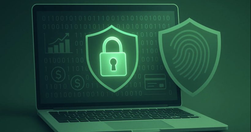 A laptop displaying a glowing lock icon on a screen filled with binary code or finance dashboard elements (charts, dollar symbols, digital cards). A green shield overlay or subtle fingerprint pattern conveys