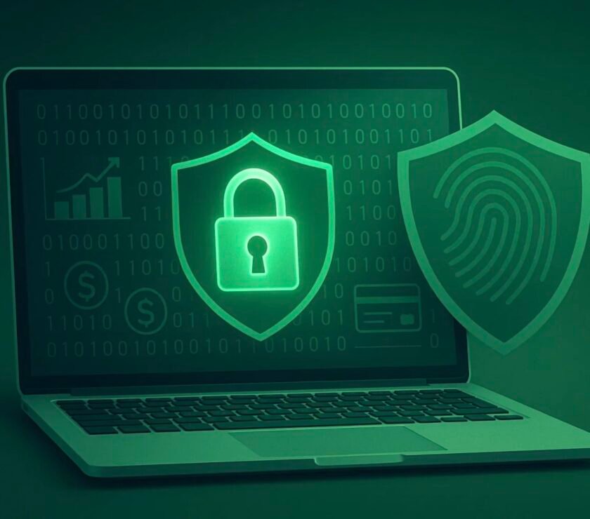 A laptop displaying a glowing lock icon on a screen filled with binary code or finance dashboard elements (charts, dollar symbols, digital cards). A green shield overlay or subtle fingerprint pattern conveys