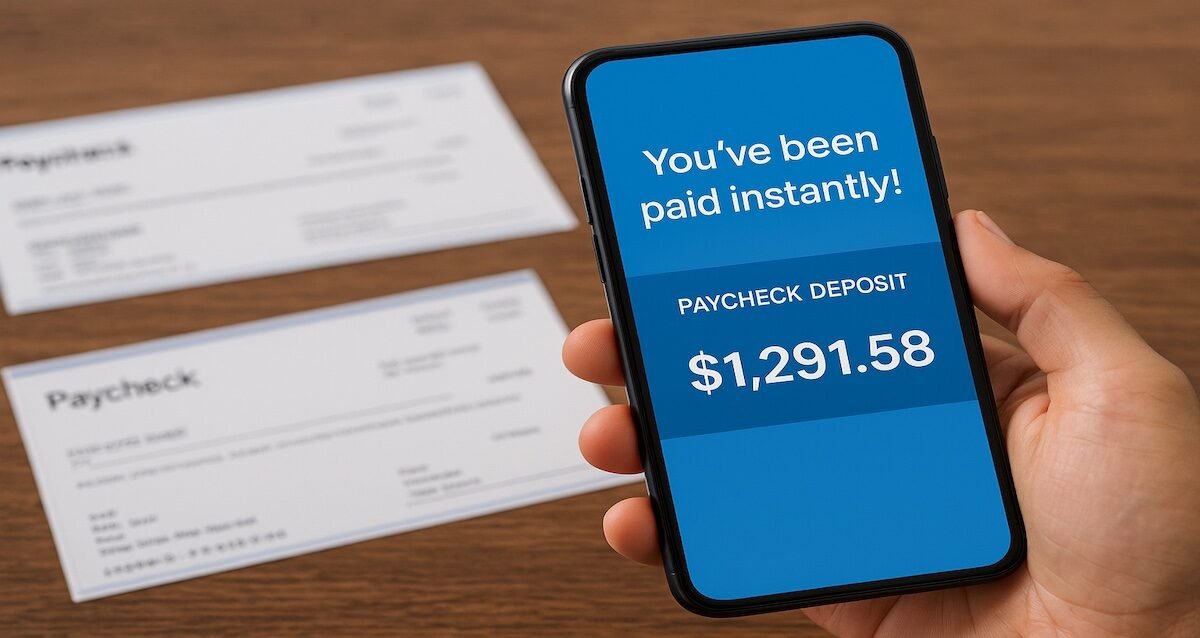 FinTech payroll apps showing instant paycheck deposit on smartphone in 2025