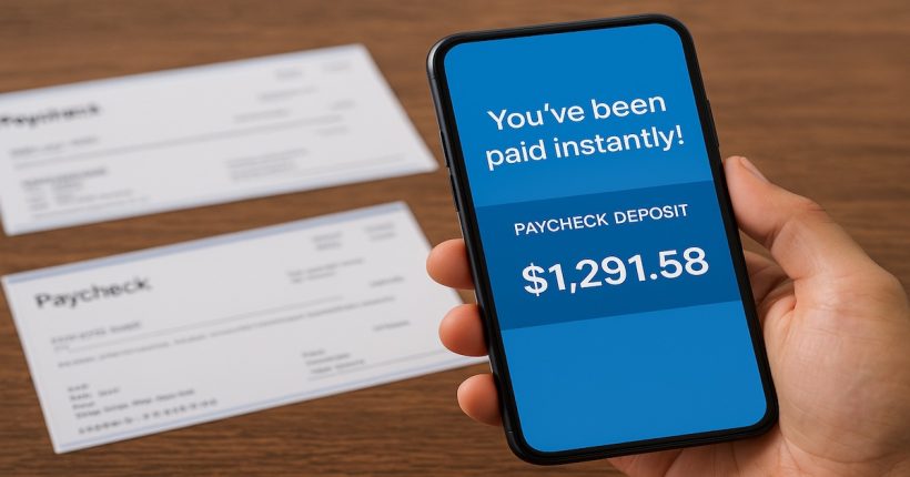 FinTech payroll apps showing instant paycheck deposit on smartphone in 2025