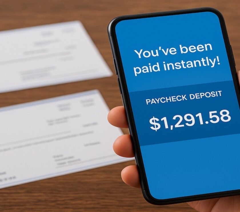 FinTech payroll apps showing instant paycheck deposit on smartphone in 2025