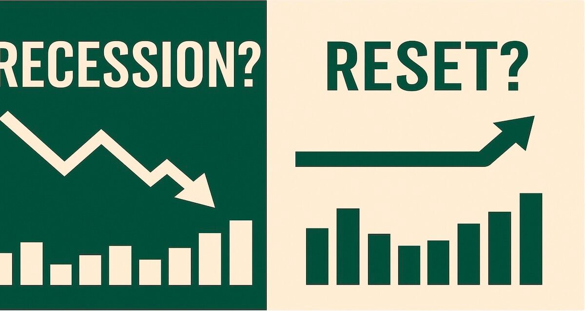 Split-screen illustration of the U.S. economy 2025 showing ‘Recession?’ on the left with a downward trend line and ‘Reset?’ on the right with a flat-to-upward job line, representing job market balance and recovery.