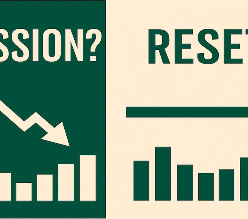 Split-screen illustration of the U.S. economy 2025 showing ‘Recession?’ on the left with a downward trend line and ‘Reset?’ on the right with a flat-to-upward job line, representing job market balance and recovery.