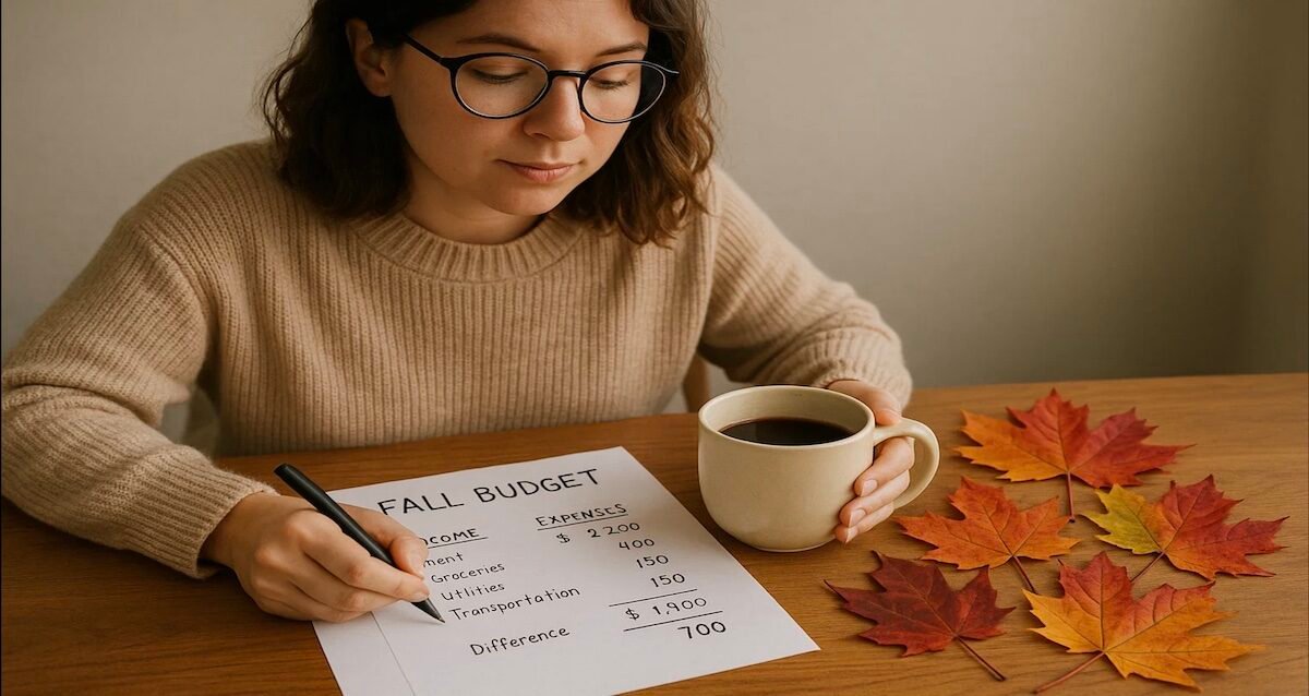 A person reviewing their fall budget with a coffee mug and colorful autumn leaves nearby