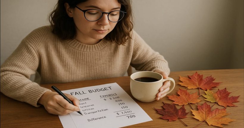 A person reviewing their fall budget with a coffee mug and colorful autumn leaves nearby