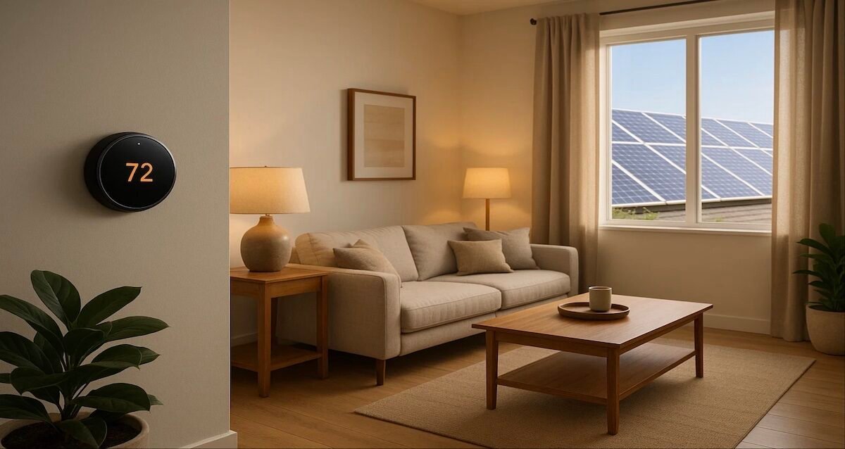 Modern smart home tech interior with solar panels and voice-controlled lighting system