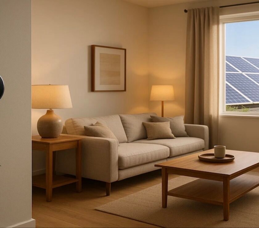 Modern smart home tech interior with solar panels and voice-controlled lighting system